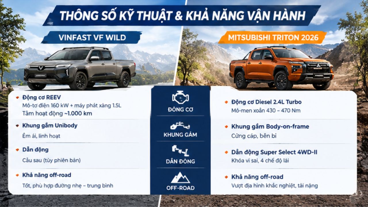 Đánh giá chuyên sâu hệ truyền động và khung gầm của VF Wild và Mitsubishi Triton